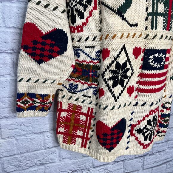 Jacque & Koko Patchwork Knit Sweater Size 18/20 XXL Ski Flag Winter Heart Womens - Picture 4 of 7